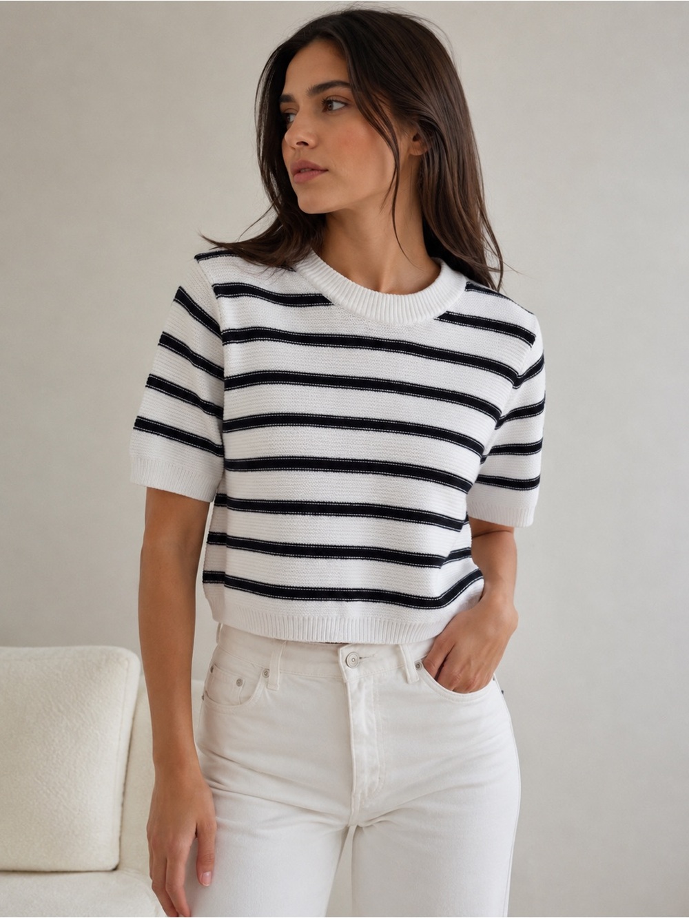 White & Black Striped Short Sleeve Sweater - French Connection